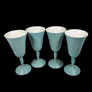 Set 4 Ceramic Enamel Metal Glasses Porcelin Brand Stemware Spain TEAL GOBLETS